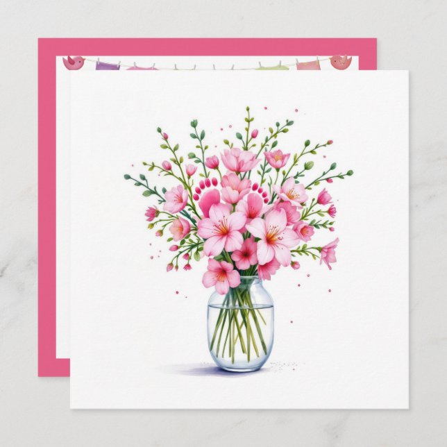 Convite Chá de fraldas Flor Buquê Com Pé De Bebê (Frente/Verso)