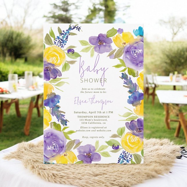 Convite Chá de fraldas floral amarelo lavanda Boho (Boho lavender yellow floral baby shower invitation)