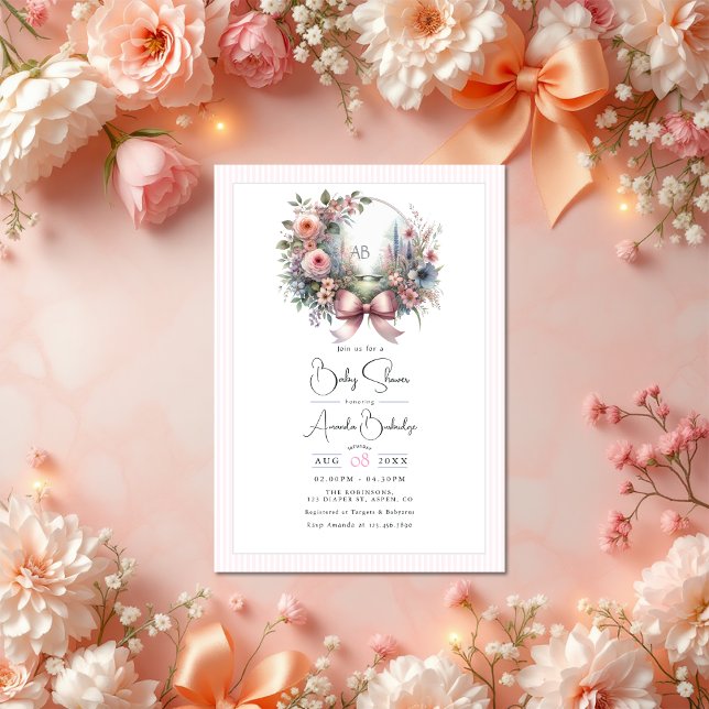 Convite Chá de fraldas Floral Arco de Sangue Pastel Garden (Pastel Garden Blooms Bow Floral Baby Shower Invitation)