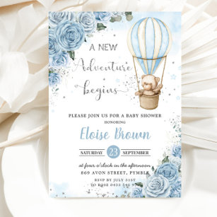 Convite Chá de fraldas Floral Azul Balão de Ar Quente do U