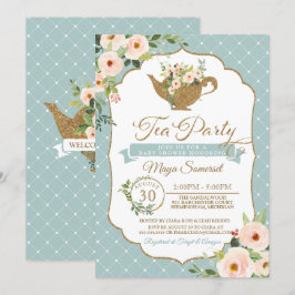 Convite Chá de fraldas Floral Azul-Blush Turquoise Party C