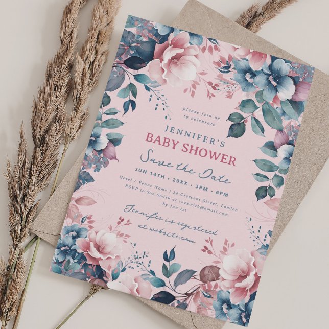 Convite Chá de fraldas Floral Azul Boho Data de Salvamento (Boho Blue Floral Baby Shower Save Date Blush Invitation)