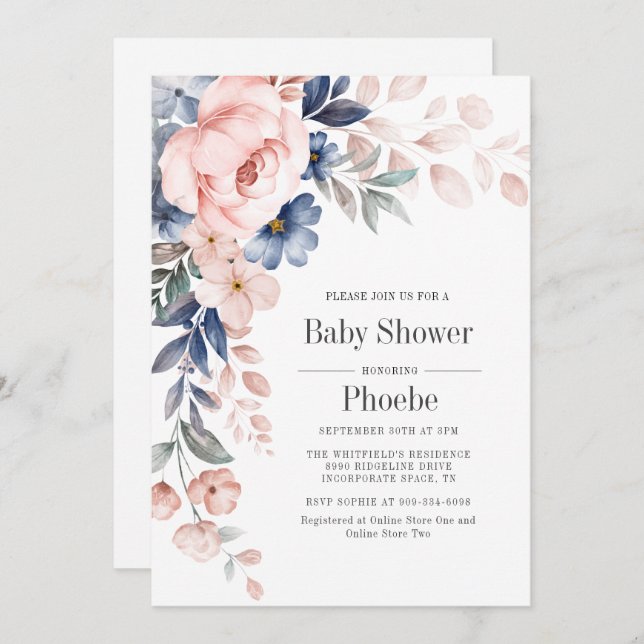 Convite Chá de fraldas Floral Azul Cor-de-Rosa Moderno (Frente/Verso)