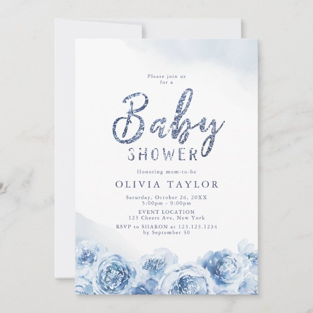 Convite Chá de fraldas floral azul de script brilhante ele (Frente)