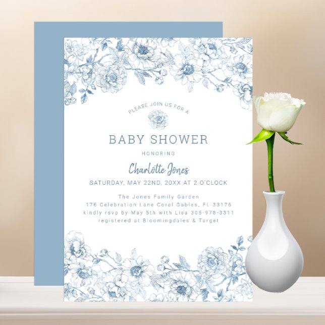 Convite Chá de fraldas Floral Azul Dusty Convide com Elega (Dusty Blue Baby Shower Invitation)