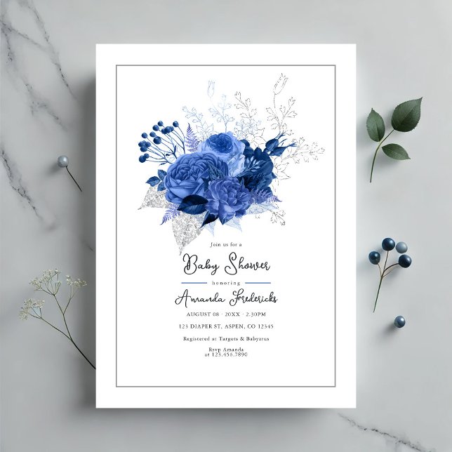 Convite Chá de fraldas Floral Azul Elegante (Elegant Blue Floral Baby Shower Invitation)