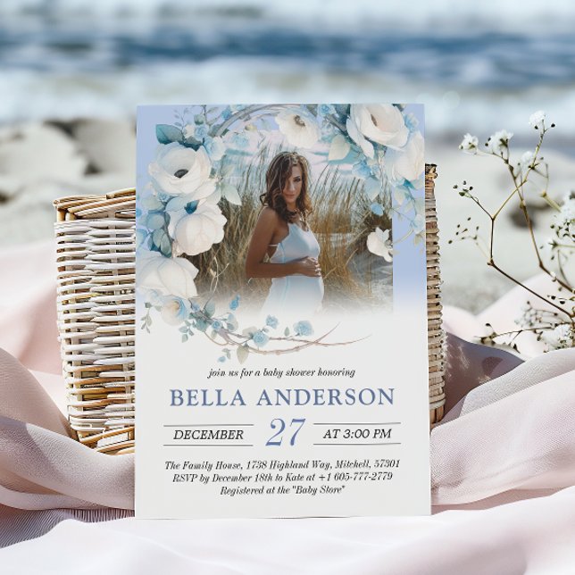 Convite Chá de fraldas Floral Azul Elegante (Elegant Dusty Blue Floral Baby Shower Invitation)