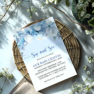 Convite Chá de fraldas Floral Azul Elegante Sip e Consulte