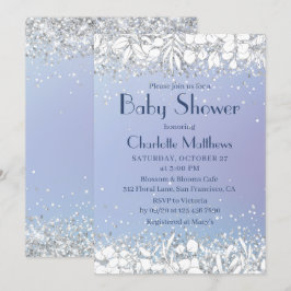 Convite Chá de fraldas Floral Azul Moderno com Glitter