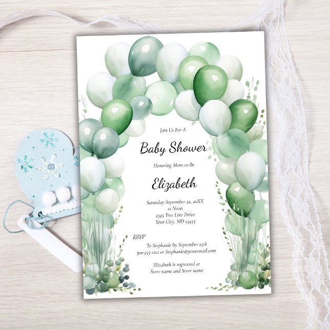 Convite Chá de fraldas Floral Baby Boy dos Balões Verdes A (Blue Green Balloon Arch Floral Baby Boy Baby Shower Invitation.)