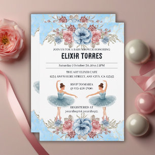 Convite Chá de fraldas Floral Ballerina, Cor Azul-Cura