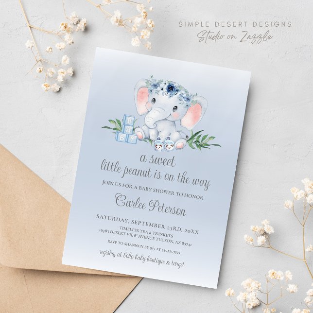Convite Chá de fraldas Floral Bebezinho Elefante-Cinto (Blue Floral Elephant Baby Boy Baby Shower Invitation)