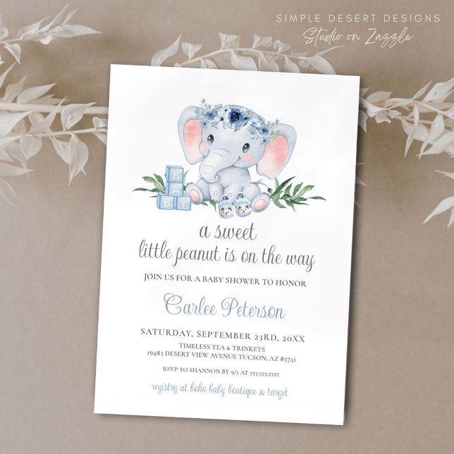 Convite Chá de fraldas Floral Blue Elephant (Cute Elephant Baby Shower Invitation with Blue Floral and Greenery, Calligraphy Script)