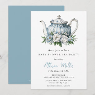 Convite Chá de fraldas Floral Blue Tea Party Boy