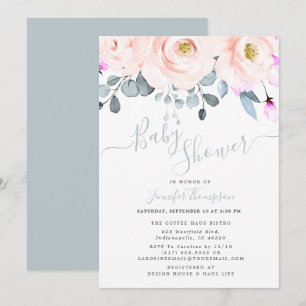 Convite Chá de fraldas Floral Blush & Dusty Blue Watercolo