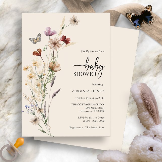 Convite Chá de fraldas Floral Boho (Floral Boho Baby Shower Invitation with Butterfly by Painted Paperie
)