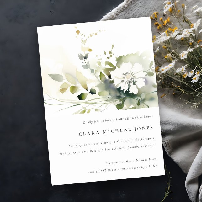 Convite Chá de fraldas Floral Branco Abstrato Verde (Criador carregado)