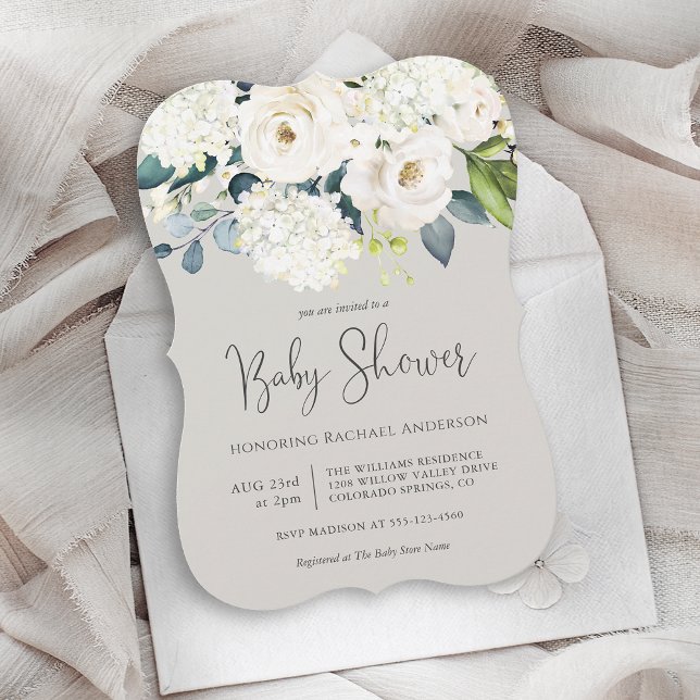 Convite Chá de fraldas Floral Branco de Algodão (Criador carregado)