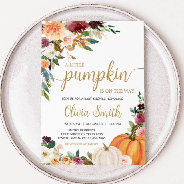 Convite Chá de fraldas Floral Burgundy Pumpkin (Pumpkin Baby Shower Invitation)