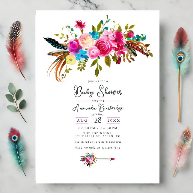 Convite Chá de fraldas Floral Chic Boho Rosa Quente (Hot-Pink Boho Chic Floral Baby Shower Invitation)