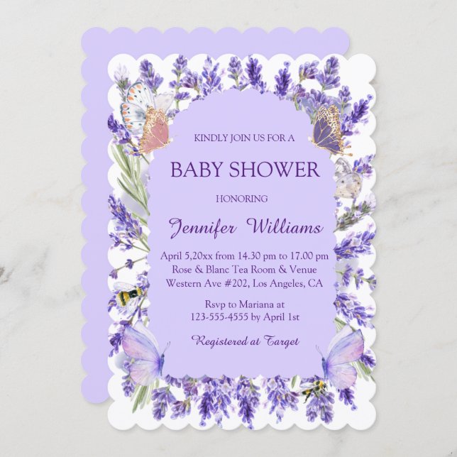 Convite chá de fraldas floral com wisteria púrpura de aqua (Frente/Verso)
