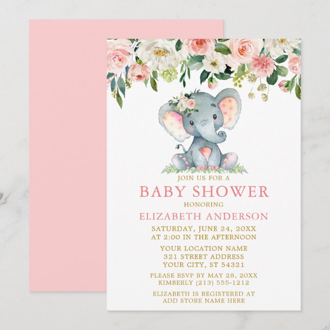 Convite Chá de fraldas Floral Cor-de-Água Rosa, Elefante D (Frente/Verso)