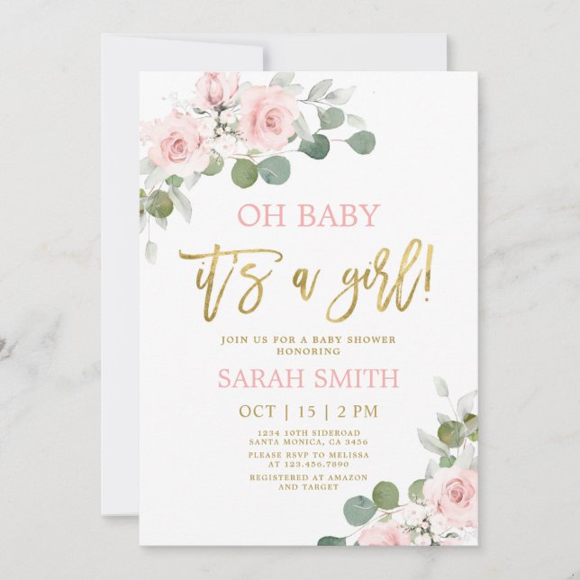 Convite Chá de fraldas floral cor-de-água rosa esbranquiça (Frente)