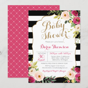 Convite Chá de fraldas Floral Cor-de-rosa com Stripe Branc