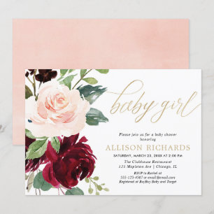 Convite Chá de fraldas floral cor-de-rosa e burgundy