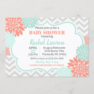Convite Chá de fraldas Floral Coral & Mint Blooms