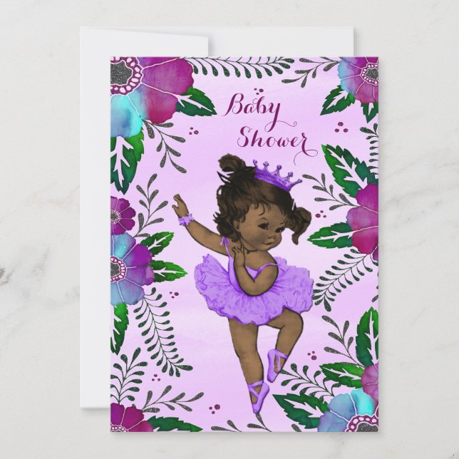 Convite Chá de fraldas floral da aguarela da bailarina (Frente)