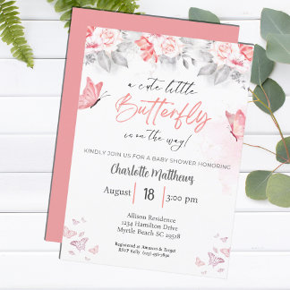 Convite Chá de fraldas Floral da Borboleta de Aquarela