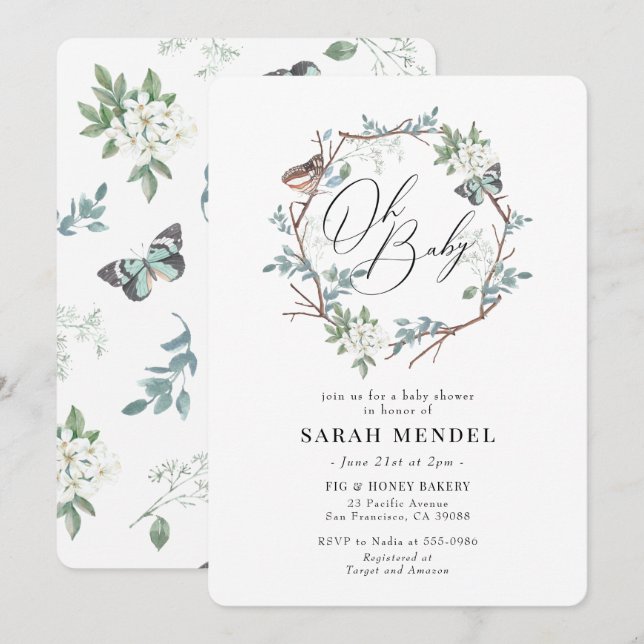Convite Chá de fraldas Floral da Borboleta Natureza (Frente/Verso)
