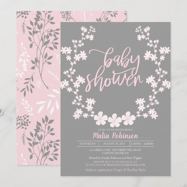 Convite Chá de fraldas floral da grinalda da respiração do (Frente/Verso)