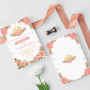 Convite Chá de fraldas Floral da Princesa Dourada e Rosa