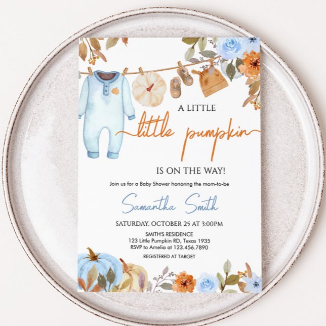 Convite Chá de fraldas Floral de Abóbora Azul (Blue Autumn Floral Little Pumpkin Clothesline Baby Shower Invitation)
