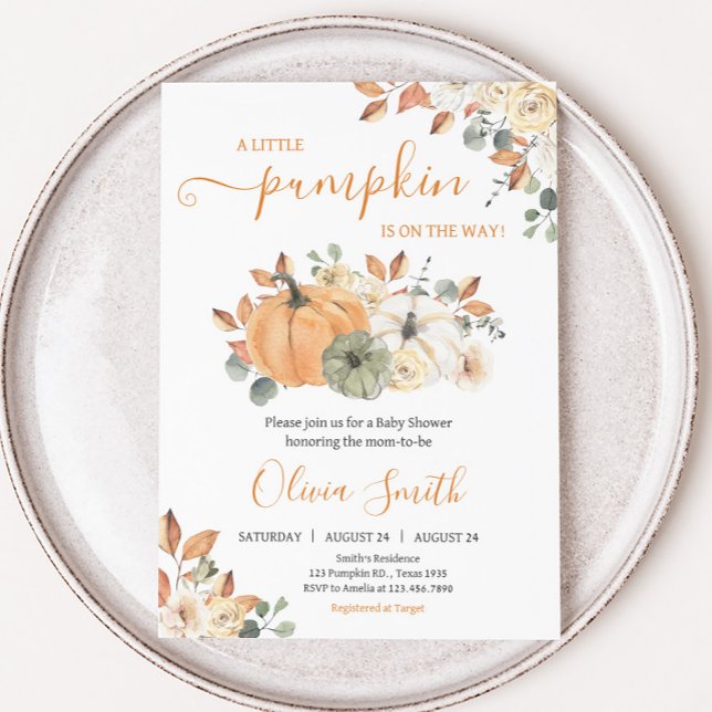 Convite Chá de fraldas Floral de Abóbora de outono (Autumn Pumpkin Baby Shower Invitation)