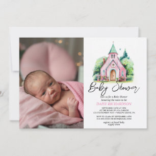 Convite Chá de fraldas floral de aquarela de igreja rosa