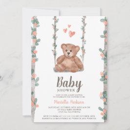 Convite Chá de fraldas floral de aquarela de ursinho