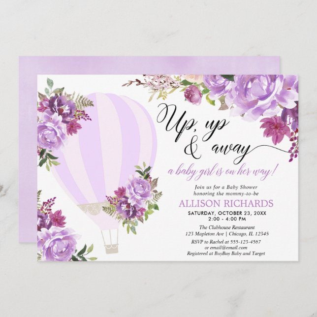 Convite chá de fraldas floral de balão de ar quente roxo (Frente/Verso)