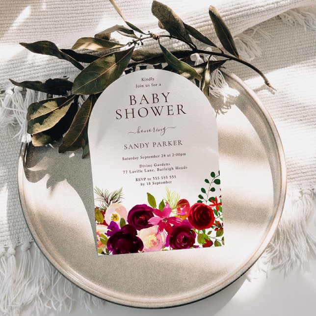 Convite Chá de fraldas Floral de Boho de Vinho Vermelho Bu (Criador carregado)