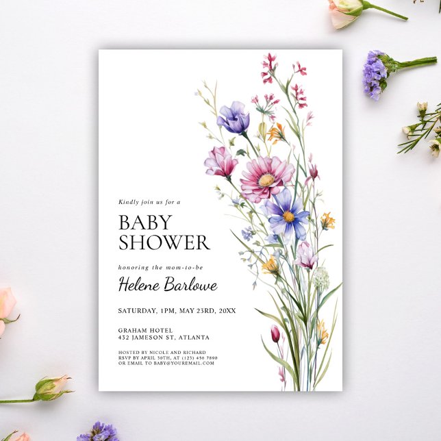 Convite Chá de fraldas Floral de Boho Moderno Russo (Wildflower Modern Rustic Boho Floral Baby Shower Invitation)
