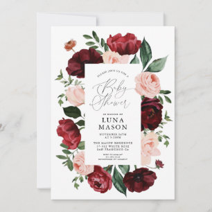 Convite Chá de fraldas Floral de Borgonha e Blush Watercol