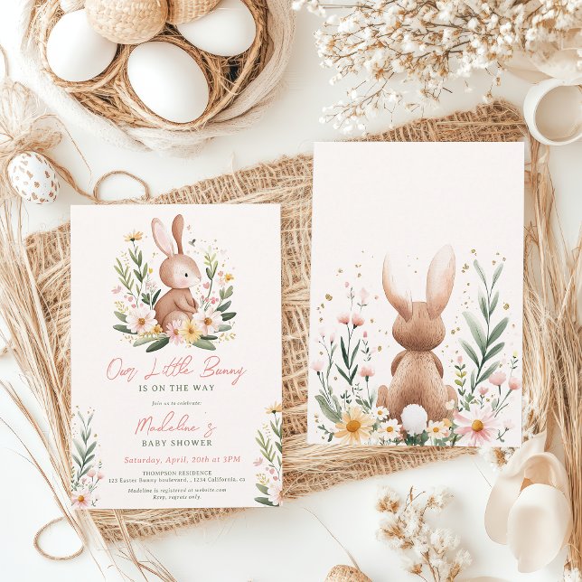 Convite Chá de fraldas Floral de Coelhinha de Aquarela Cól (Cute Watercolor Easter Bunny Floral Baby Shower Invitation)