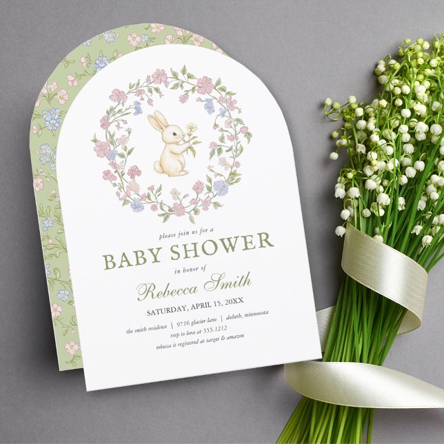 Convite Chá de fraldas Floral de Coelhinho Verde Delicado (Green Delicate Vintage Floral Bunny Baby Shower Invitation)