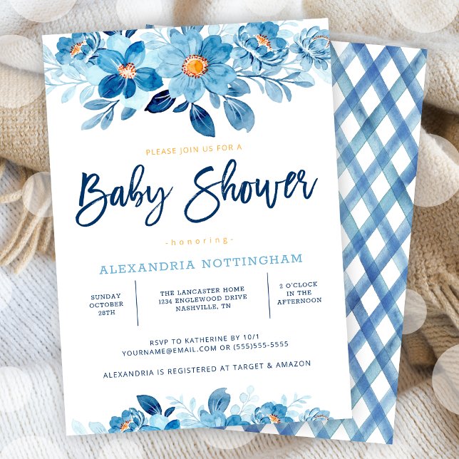 Convite Chá de fraldas Floral de Cor Azul (Blue Watercolor Floral Baby Shower Invitation)