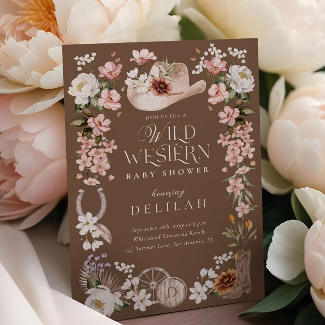 Convite Chá de fraldas Floral de Cowboy Chic Western Water (Chic Western Watercolor Floral Cowboy Baby Shower Invitation)