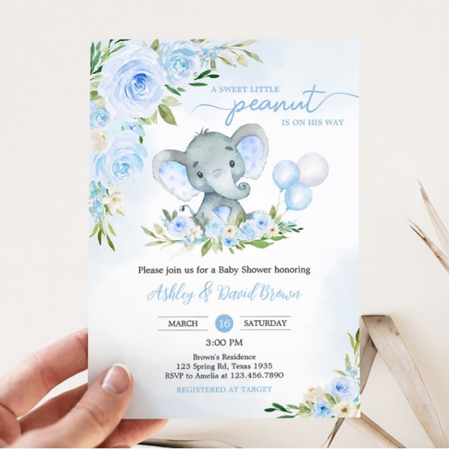 Convite Chá de fraldas Floral de Elefante Azul (Boy Elephant Balloon Baby Shower Invitation)