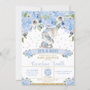 Convite Chá de fraldas Floral de Elefante Azul Menino Mã