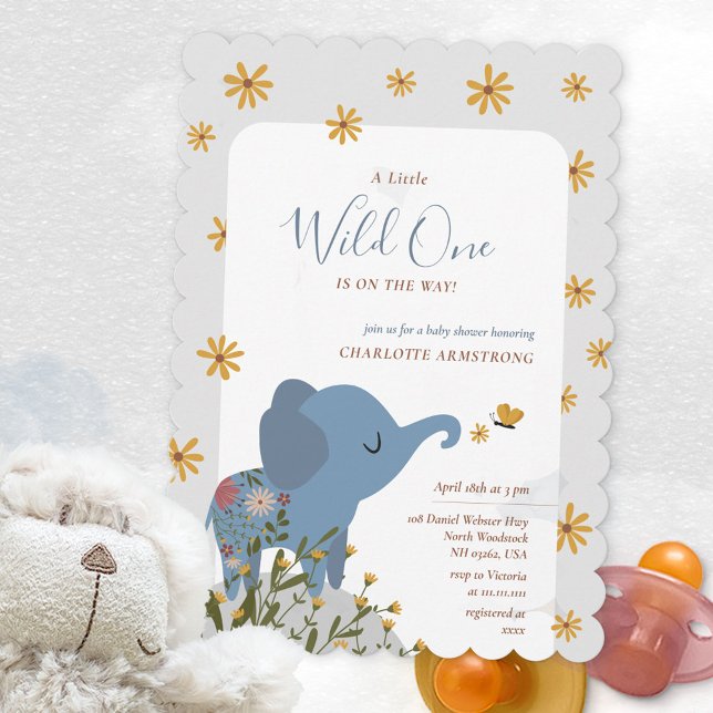Convite Chá de fraldas Floral de Elefante Selvagem Única (Wild One Cute Elephant Floral Baby Shower Invitation ©Susanne Sachers - Sunny Mind Design 🌞)